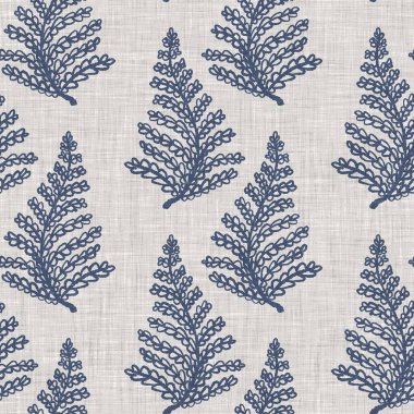 Fransız mavi botanik yaprağı keten desenli ve 2 tonluk kır evi motifli. Basit bir kırsal kumaş tekstil etkisi. İlkel, eski püskü, şık mutfak bezi tasarımı..