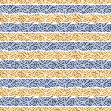 Kusursuz Fransız kırsal mutfak çizgili kumaş deseni. Mavi sarı beyaz yatay çizgili arka plan. Batik Boyası Kaynak Stili Kırsal Örgü Cottagecore Tekstili. 