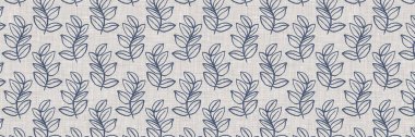 Fransız mavi botanik yaprağı, iki tonluk kır evi motifli, dikişsiz sınır. Basit bir kırsal kumaş tekstil etkisi. İlkel, eski püskü, şık mutfak bezi tasarımı..