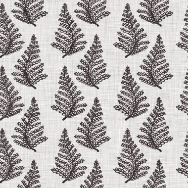 Fransız gri botanik yapraklı keten desenli, 2 tonluk kır evi motifli. Basit bir kırsal kumaş tekstil etkisi. İlkel, eski püskü, şık mutfak bezi tasarımı..