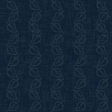 Koyu mavi yaprak boya bloğu deseni. Japon erkeksi boro etkisi kusursuz tekstil arka planı. Ses tonu bozuk wabi sabi nakış stili 