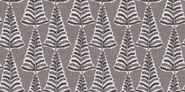 Fransız gri botanik yaprağı, iki tonluk kır evi motifli dikişsiz sınır. Basit bir kırsal kumaş tekstil etkisi. İlkel, eski püskü, şık mutfak bezi tasarımı..