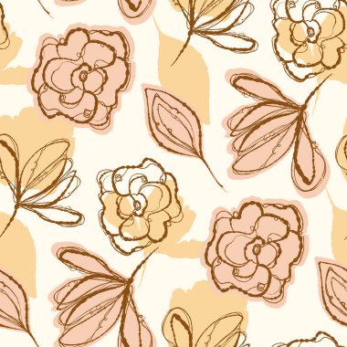 Koyu renkli boho çiçekleri, modaya uygun yaban çiçeği tarzında kusursuz desenli. El yapımı organik botanik moda baskısı. Modern yaz bahçesi, klasik kır evi çekirdek renginde çiçek açtı. 