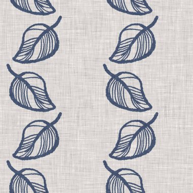 Fransız mavi botanik yaprağı keten desenli ve 2 tonluk kır evi motifli. Basit bir kırsal kumaş tekstil etkisi. İlkel, eski püskü, şık mutfak bezi tasarımı..