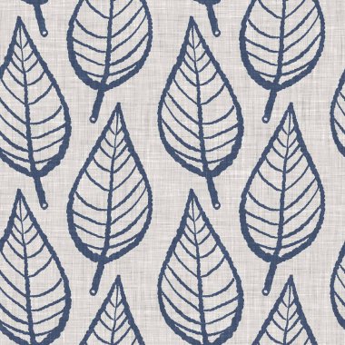 Fransız mavi botanik yaprağı keten desenli ve 2 tonluk kır evi motifli. Basit bir kırsal kumaş tekstil etkisi. İlkel, eski püskü, şık mutfak bezi tasarımı..