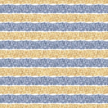 Kusursuz Fransız kırsal mutfak çizgili kumaş deseni. Mavi sarı beyaz yatay çizgili arka plan. Batik Boyası Kaynak Stili Kırsal Örgü Cottagecore Tekstili. 