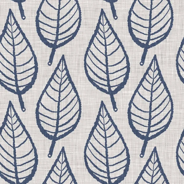 French blue botanical leaf linen seamless pattern with 2 tone country cottage style motif. Simple vintage rustic fabric textile effect. Primitive modern shabby chic kitchen cloth design.
