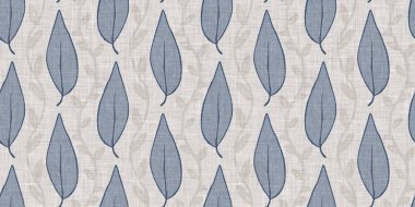 Fransız mavi botanik yaprağı, iki tonluk kır evi motifli, dikişsiz sınır. Basit bir kırsal kumaş tekstil etkisi. İlkel, eski püskü, şık mutfak bezi tasarımı..