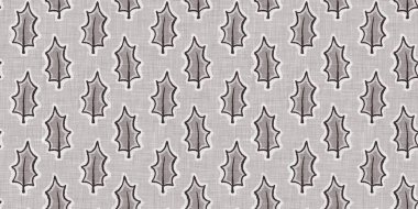 Fransız gri botanik yaprağı, iki tonluk kır evi motifli dikişsiz sınır. Basit bir kırsal kumaş tekstil etkisi. İlkel, eski püskü, şık mutfak bezi tasarımı..