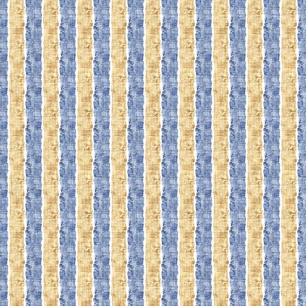 Naadloze Franse land keuken streep stof patroon print. Blauw geel wit verticaal gestreepte achtergrond. Batik kleurstof herkomststijl rustiek geweven cottagecore textiel. — Stockfoto