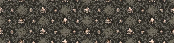 Flores boho oscuras borde sin costuras en el estilo moderno ditsy wildflower. Impresión de moda botánica orgánica dibujada a mano. Floración de jardín de verano moderno en color de tendencia de núcleo de cabaña vintage. — Vector de stock