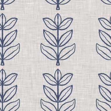 Fransız mavi botanik yaprağı keten desenli ve 2 tonluk kır evi motifli. Basit bir kırsal kumaş tekstil etkisi. İlkel, eski püskü, şık mutfak bezi tasarımı..
