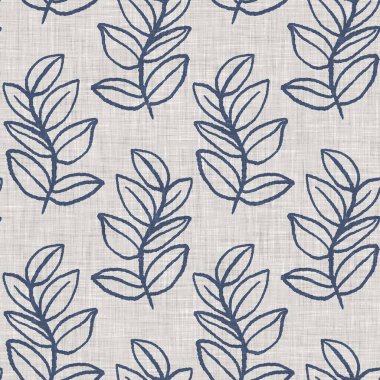 Fransız mavi botanik yaprağı keten desenli ve 2 tonluk kır evi motifli. Basit bir kırsal kumaş tekstil etkisi. İlkel, eski püskü, şık mutfak bezi tasarımı..