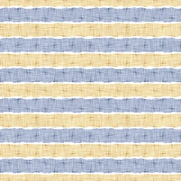 Kusursuz Fransız kırsal mutfak çizgili kumaş deseni. Mavi sarı beyaz yatay çizgili arka plan. Batik Boyası Kaynak Stili Kırsal Örgü Cottagecore Tekstili. 
