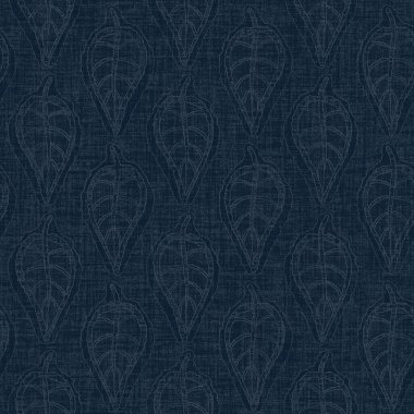 Koyu mavi yaprak boya bloğu deseni. Japon erkeksi boro etkisi kusursuz tekstil arka planı. Ses tonu bozuk wabi sabi nakış stili 