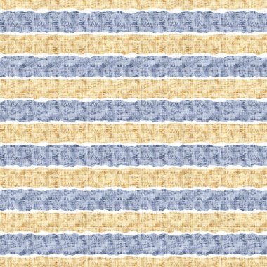 Kusursuz Fransız kırsal mutfak çizgili kumaş deseni. Mavi sarı beyaz yatay çizgili arka plan. Batik Boyası Kaynak Stili Kırsal Örgü Cottagecore Tekstili. 