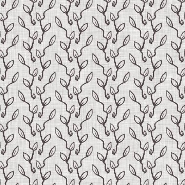 Fransız gri botanik yapraklı keten desenli, 2 tonluk kır evi motifli. Basit bir kırsal kumaş tekstil etkisi. İlkel, eski püskü, şık mutfak bezi tasarımı..