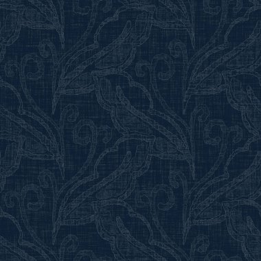 Koyu mavi yaprak boya bloğu deseni. Japon erkeksi boro etkisi kusursuz tekstil arka planı. Ses tonu bozuk wabi sabi nakış stili 