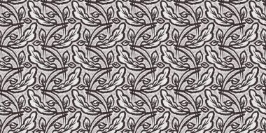 Fransız gri botanik yaprağı, iki tonluk kır evi motifli dikişsiz sınır. Basit bir kırsal kumaş tekstil etkisi. İlkel, eski püskü, şık mutfak bezi tasarımı..