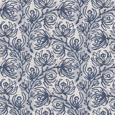 Fransız mavi botanik yaprağı keten desenli ve 2 tonluk kır evi motifli. Basit bir kırsal kumaş tekstil etkisi. İlkel, eski püskü, şık mutfak bezi tasarımı..