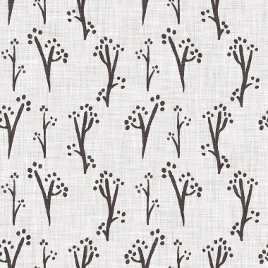 Fransız gri botanik yapraklı keten desenli, 2 tonluk kır evi motifli. Basit bir kırsal kumaş tekstil etkisi. İlkel, eski püskü, şık mutfak bezi tasarımı..