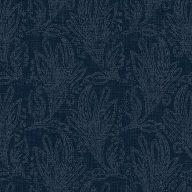 Koyu mavi yaprak boya bloğu deseni. Japon erkeksi boro etkisi kusursuz tekstil arka planı. Ses tonu bozuk wabi sabi nakış stili 