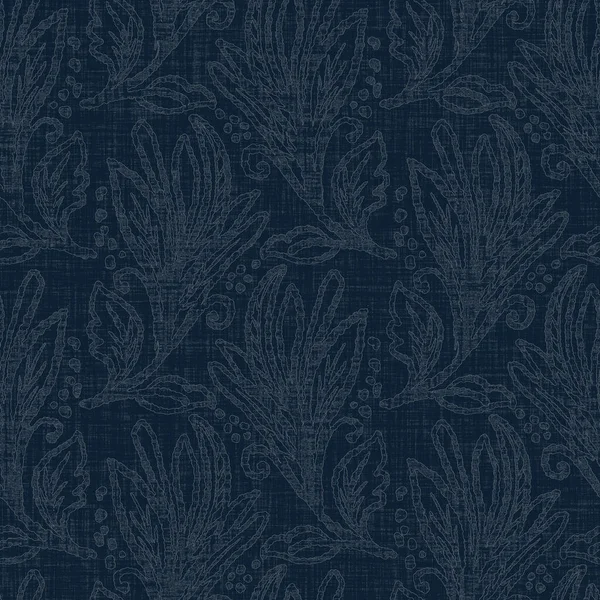 Koyu mavi yaprak boya bloğu deseni. Japon erkeksi boro etkisi kusursuz tekstil arka planı. Ses tonu bozuk wabi sabi nakış stili 