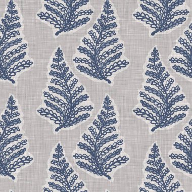 Fransız mavi botanik yaprağı keten desenli ve 2 tonluk kır evi motifli. Basit bir kırsal kumaş tekstil etkisi. İlkel, eski püskü, şık mutfak bezi tasarımı..