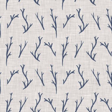 Fransız mavi botanik yaprağı keten desenli ve 2 tonluk kır evi motifli. Basit bir kırsal kumaş tekstil etkisi. İlkel, eski püskü, şık mutfak bezi tasarımı..