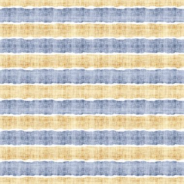 Kusursuz Fransız kırsal mutfak çizgili kumaş deseni. Mavi sarı beyaz yatay çizgili arka plan. Batik Boyası Kaynak Stili Kırsal Örgü Cottagecore Tekstili. 