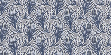 Fransız mavi botanik yaprağı, iki tonluk kır evi motifli, dikişsiz sınır. Basit bir kırsal kumaş tekstil etkisi. İlkel, eski püskü, şık mutfak bezi tasarımı..