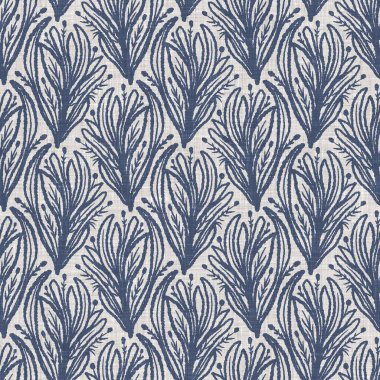 Fransız mavi botanik yaprağı keten desenli ve 2 tonluk kır evi motifli. Basit bir kırsal kumaş tekstil etkisi. İlkel, eski püskü, şık mutfak bezi tasarımı..