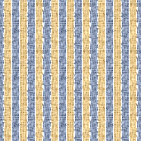 Bezešvé francouzské venkovské kuchyně pruh tkaniny vzor tisk. Modré žluté svislé pruhované pozadí. Batik barvivo provence styl rustikální tkaný cottagecore textil. — Stock fotografie