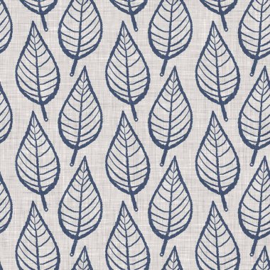 Fransız mavi botanik yaprağı keten desenli ve 2 tonluk kır evi motifli. Basit bir kırsal kumaş tekstil etkisi. İlkel, eski püskü, şık mutfak bezi tasarımı..