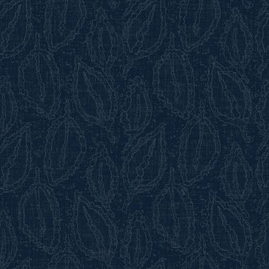 Koyu mavi yaprak boya bloğu deseni. Japon erkeksi boro etkisi kusursuz tekstil arka planı. Ses tonu bozuk wabi sabi nakış stili 