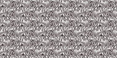 Fransız gri botanik yaprağı, iki tonluk kır evi motifli dikişsiz sınır. Basit bir kırsal kumaş tekstil etkisi. İlkel, eski püskü, şık mutfak bezi tasarımı..