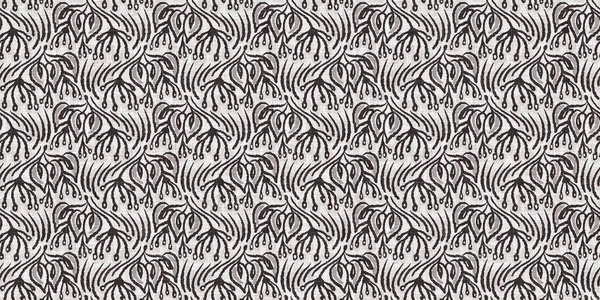 Fransız gri botanik yaprağı, iki tonluk kır evi motifli dikişsiz sınır. Basit bir kırsal kumaş tekstil etkisi. İlkel, eski püskü, şık mutfak bezi tasarımı..