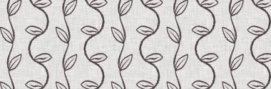 Fransız gri botanik yaprağı keten kenar desenli ve 2 renkli kır evi motifli. Basit bir kırsal kumaş tekstil etkisi. İlkel, eski püskü, şık mutfak bezi tasarımı..
