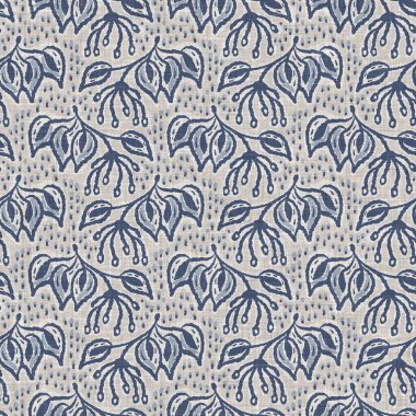 Fransız mavi botanik yaprağı keten desenli ve 2 tonluk kır evi motifli. Basit bir kırsal kumaş tekstil etkisi. İlkel, eski püskü, şık mutfak bezi tasarımı..