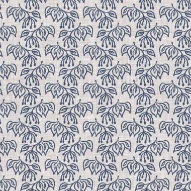 Fransız mavi botanik yaprağı keten desenli ve 2 tonluk kır evi motifli. Basit bir kırsal kumaş tekstil etkisi. İlkel, eski püskü, şık mutfak bezi tasarımı..