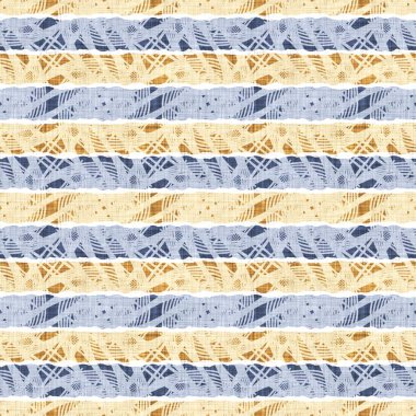Kusursuz Fransız kırsal mutfak çizgili kumaş deseni. Mavi sarı beyaz yatay çizgili arka plan. Batik Boyası Kaynak Stili Kırsal Örgü Cottagecore Tekstili. 