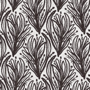 Fransız gri botanik yapraklı keten desenli, 2 tonluk kır evi motifli. Basit bir kırsal kumaş tekstil etkisi. İlkel, eski püskü, şık mutfak bezi tasarımı..