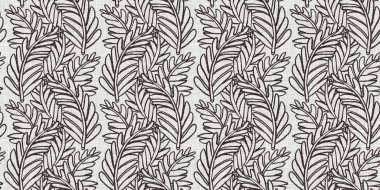 Fransız gri botanik yaprağı, iki tonluk kır evi motifli dikişsiz sınır. Basit bir kırsal kumaş tekstil etkisi. İlkel, eski püskü, şık mutfak bezi tasarımı..