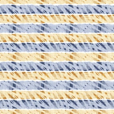 Kusursuz Fransız kırsal mutfak çizgili kumaş deseni. Mavi sarı beyaz yatay çizgili arka plan. Batik Boyası Kaynak Stili Kırsal Örgü Cottagecore Tekstili. 
