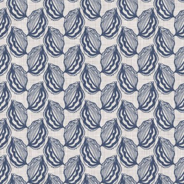 Fransız mavi botanik yaprağı keten desenli ve 2 tonluk kır evi motifli. Basit bir kırsal kumaş tekstil etkisi. İlkel, eski püskü, şık mutfak bezi tasarımı..