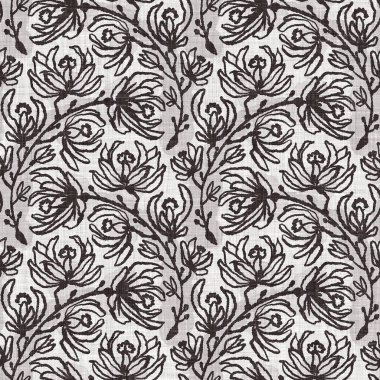 Fransız gri botanik yapraklı keten desenli, 2 tonluk kır evi motifli. Basit bir kırsal kumaş tekstil etkisi. İlkel, eski püskü, şık mutfak bezi tasarımı..