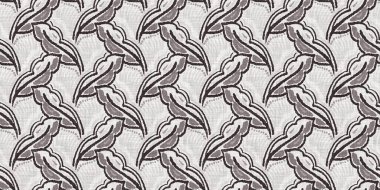 Fransız gri botanik yaprağı, iki tonluk kır evi motifli dikişsiz sınır. Basit bir kırsal kumaş tekstil etkisi. İlkel, eski püskü, şık mutfak bezi tasarımı..