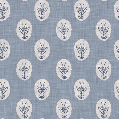 Fransız mavi botanik yaprağı keten desenli ve 2 tonluk kır evi motifli. Basit bir kırsal kumaş tekstil etkisi. İlkel, eski püskü, şık mutfak bezi tasarımı..