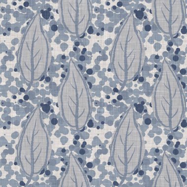 Fransız mavi botanik yaprağı keten desenli ve 2 tonluk kır evi motifli. Basit bir kırsal kumaş tekstil etkisi. İlkel, eski püskü, şık mutfak bezi tasarımı..