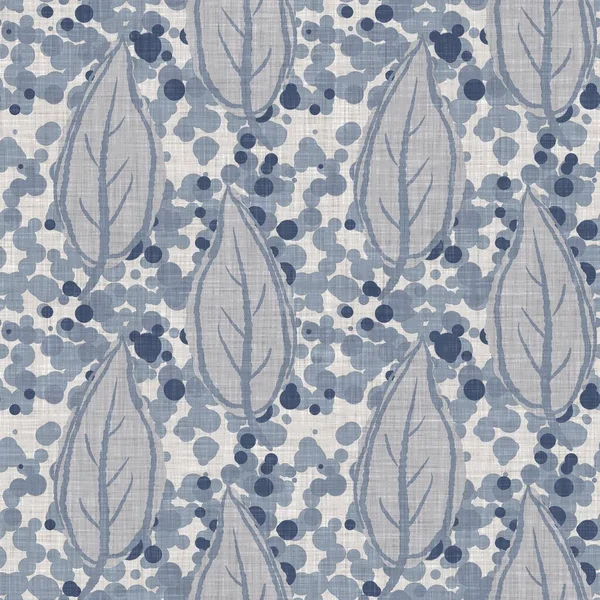 Fransız mavi botanik yaprağı keten desenli ve 2 tonluk kır evi motifli. Basit bir kırsal kumaş tekstil etkisi. İlkel, eski püskü, şık mutfak bezi tasarımı..